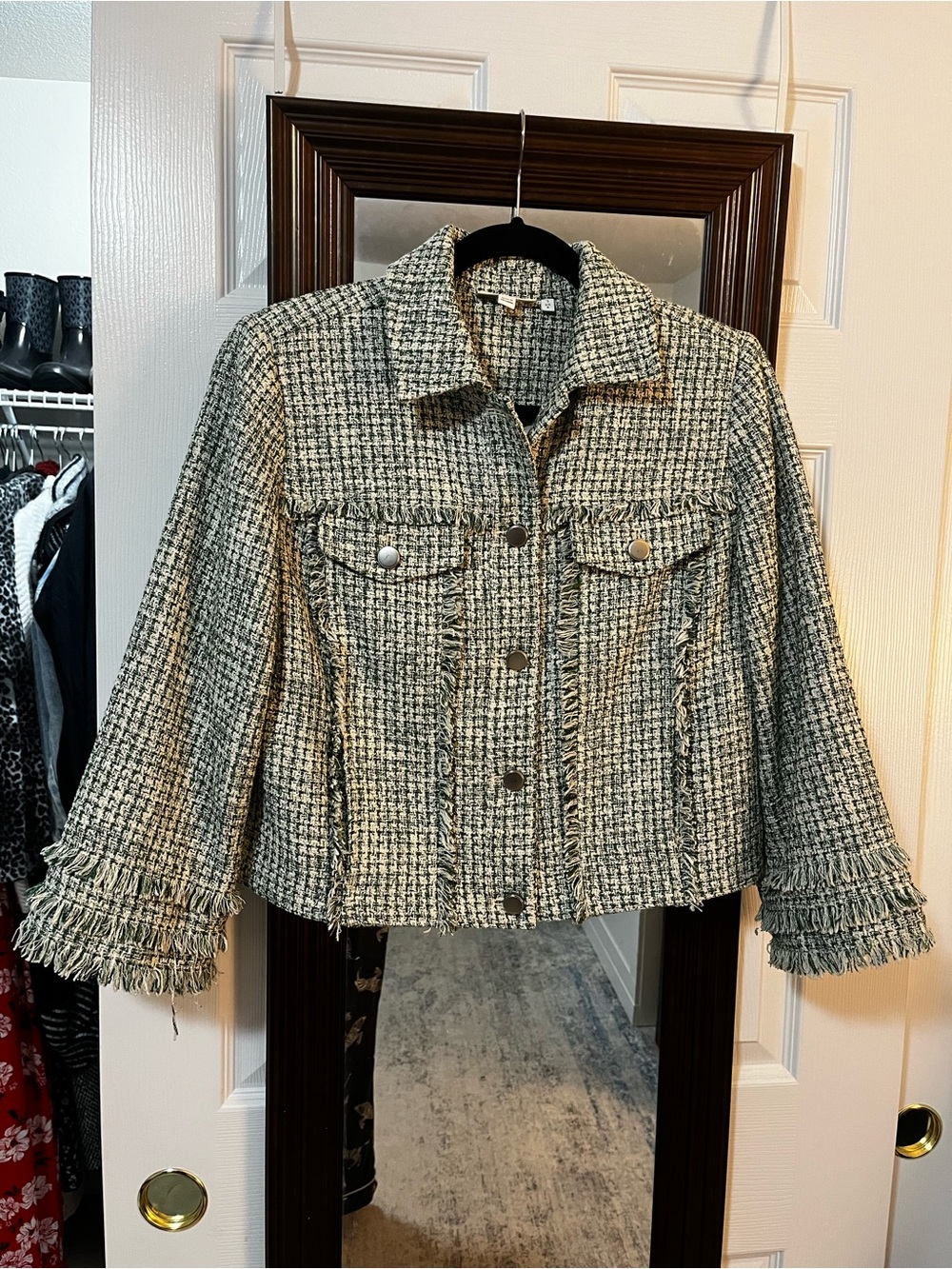 Chico's green and beige tweed blazer with fringe detail